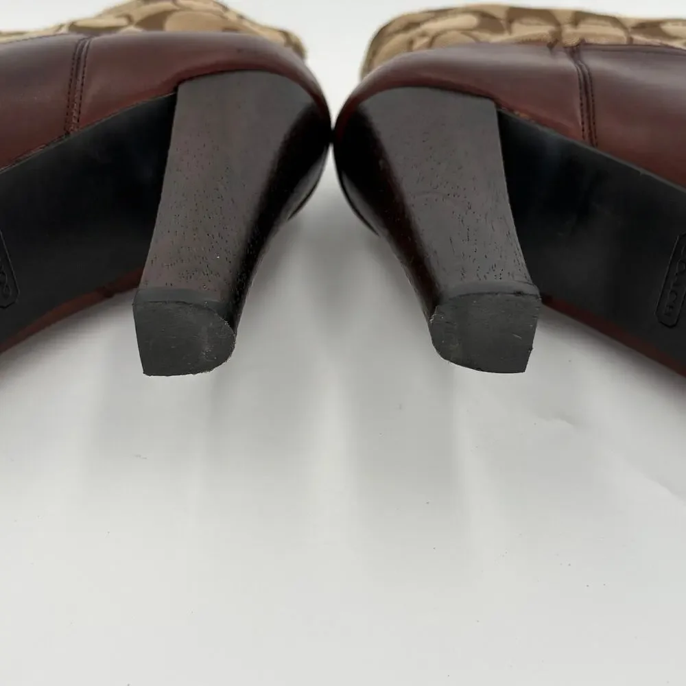 Coach F2370 Ediva Monogram Lace Up Block Heel Booties Brown Leather Size 9